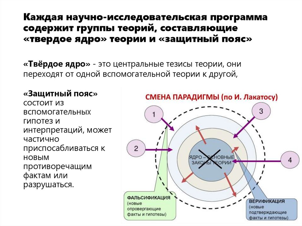 Каждая научно-исследовательская программа содержит группы теорий, составляющие «твердое ядро» теории и «защитный пояс»