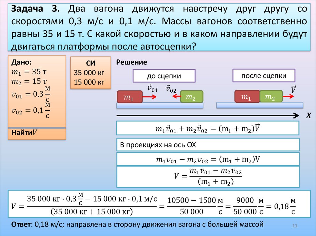 Задача 3. Два вагона движутся навстречу друг другу со скоростями 0,3 м/с и 0,1 м/с. Массы вагонов соответственно равны 35 и 15