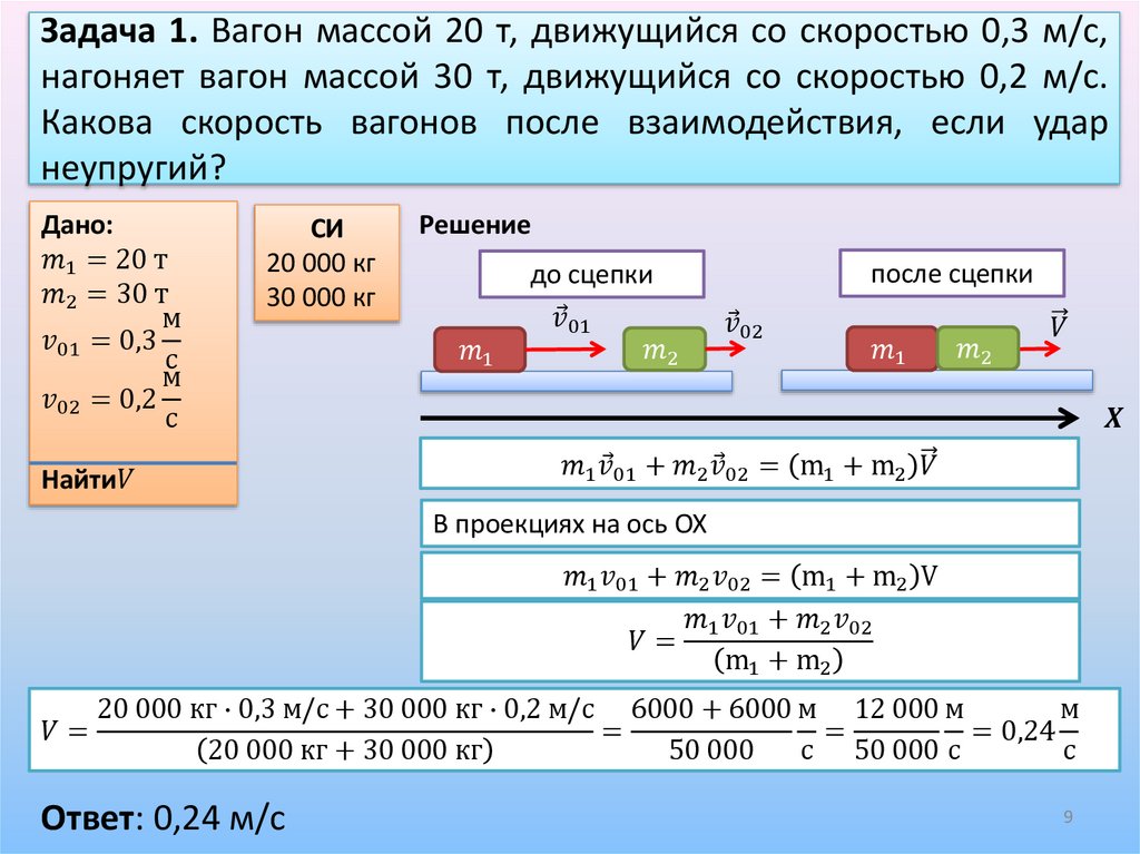 Задача 1. Вагон массой 20 т, движущийся со скоростью 0,3 м/с, нагоняет вагон массой 30 т, движущийся со скоростью 0,2 м/с.