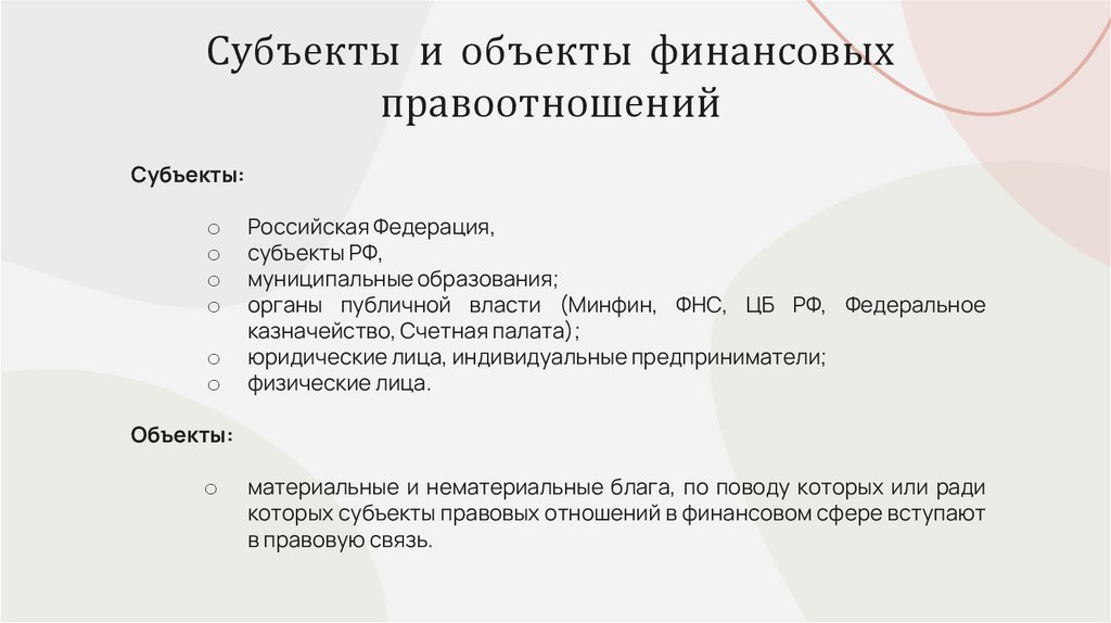 Субъекты и объекты финансовых правоотношений