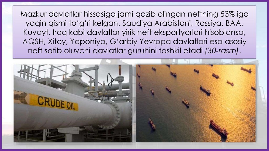 Mazkur davlatlar hissasiga jami qazib olingan neftning 53% iga yaqin qismi to‘g‘ri kelgan. Saudiya Arabistoni, Rossiya, BAA,