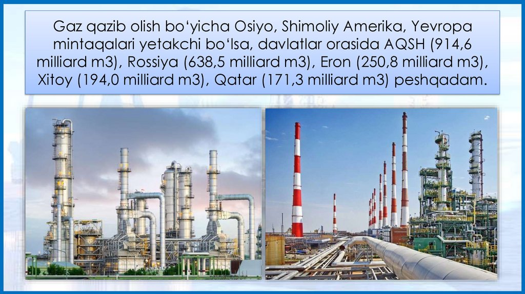Gaz qazib olish bo‘yicha Osiyo, Shimoliy Amerika, Yevropa mintaqalari yetakchi bo‘lsa, davlatlar orasida AQSH (914,6 milliard
