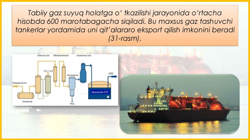 Tabiiy gaz suyuq holatga o‘ tkazilishi jarayonida o‘rtacha hisobda 600 marotabagacha siqiladi. Bu maxsus gaz tashuvchi