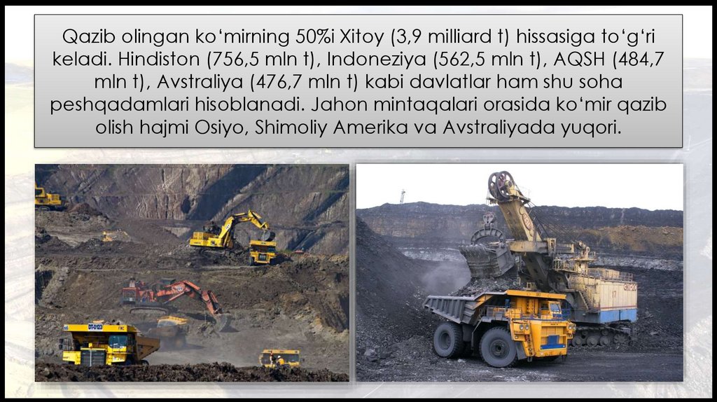 Qazib olingan ko‘mirning 50%i Xitoy (3,9 milliard t) hissasiga to‘g‘ri keladi. Hindiston (756,5 mln t), Indoneziya (562,5 mln