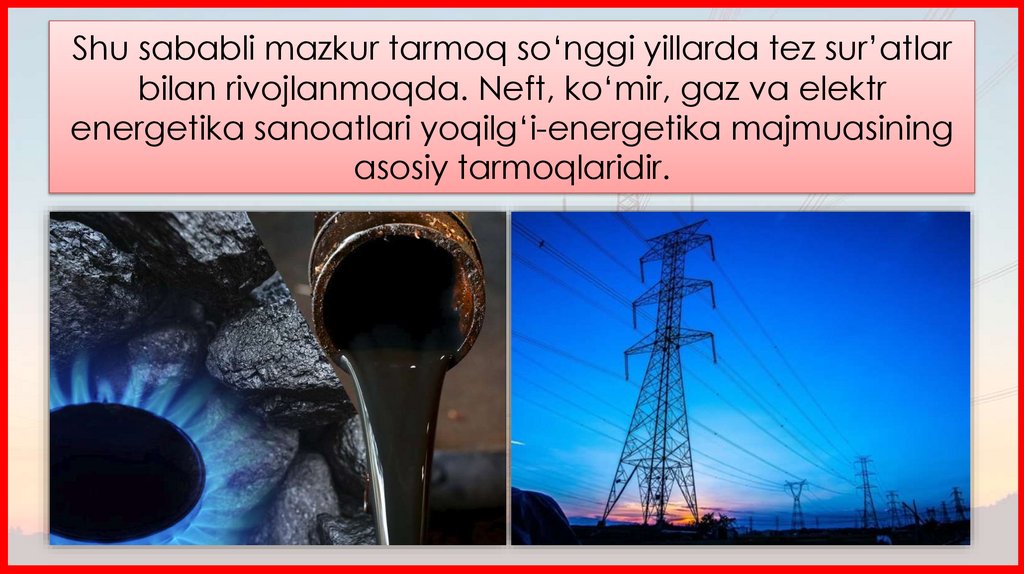 Shu sababli mazkur tarmoq so‘nggi yillarda tez sur’atlar bilan rivojlanmoqda. Neft, ko‘mir, gaz va elektr energetika sanoatlari