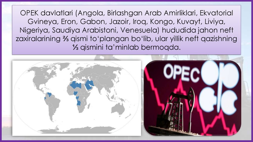 OPEK davlatlari (Angola, Birlashgan Arab Amirliklari, Ekvatorial Gvineya, Eron, Gabon, Jazoir, Iroq, Kongo, Kuvayt, Liviya,