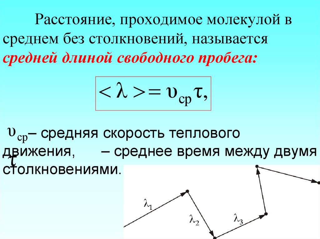Расстояние, проходимое молекулой в среднем без столкновений, называется средней длиной свободного пробега: – средняя скорость