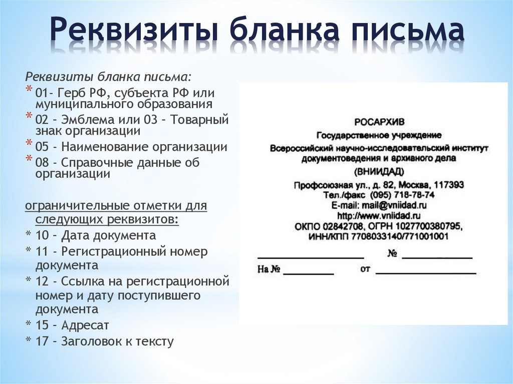 Реквизиты бланка письма