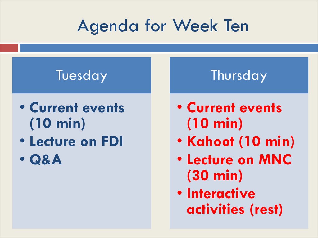Agenda for Week Ten