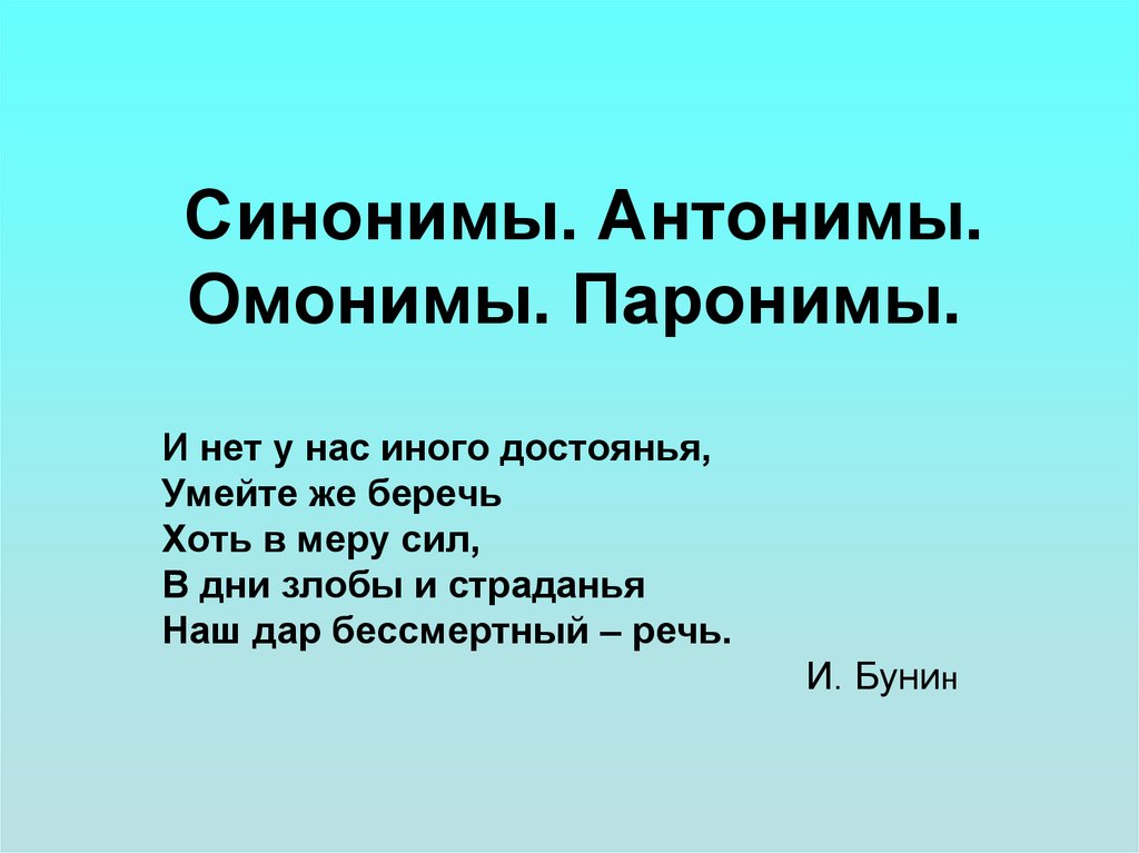 Синонимы. Антонимы. Омонимы. Паронимы.