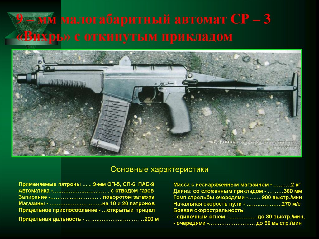 9 – мм малогабаритный автомат СР – 3 «Вихрь» с откинутым прикладом