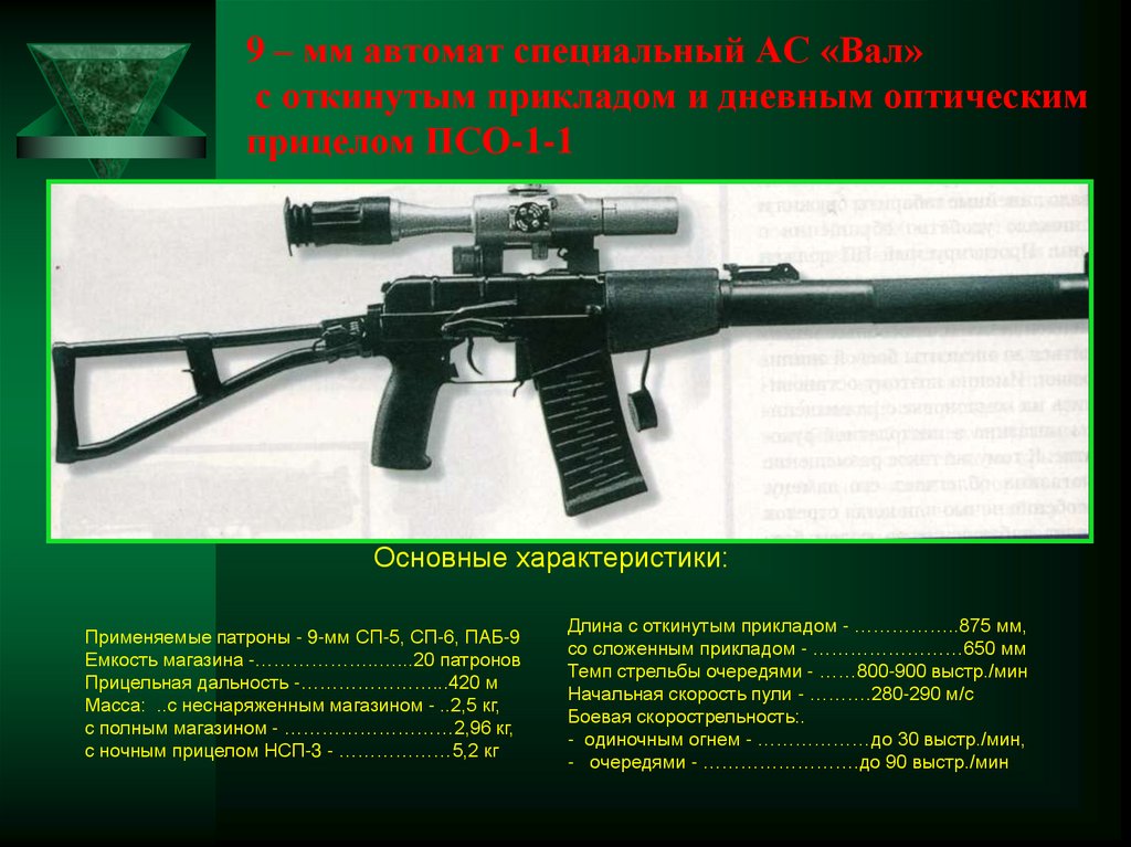 9 – мм автомат специальный АС «Вал» с откинутым прикладом и дневным оптическим прицелом ПСО-1-1