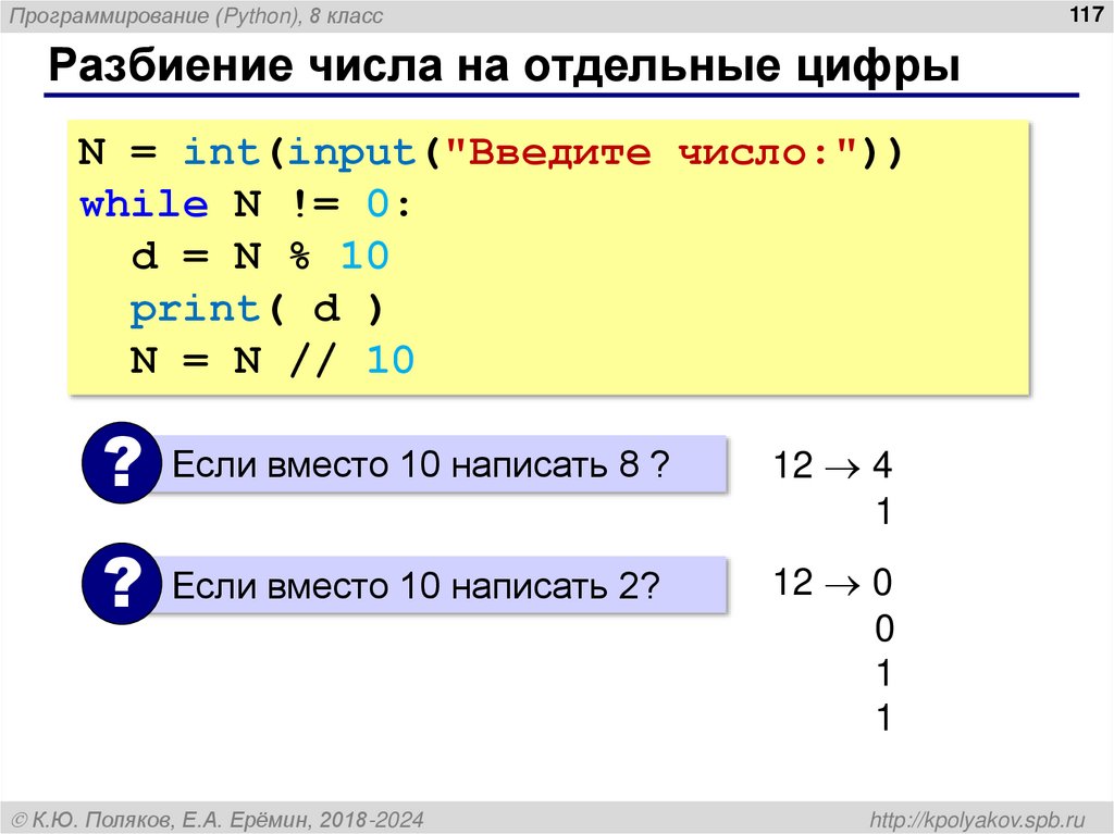 Разбиение числа на отдельные цифры