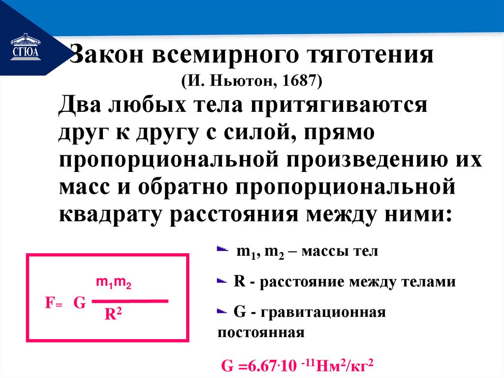 Закон всемирного тяготения (И. Ньютон, 1687)