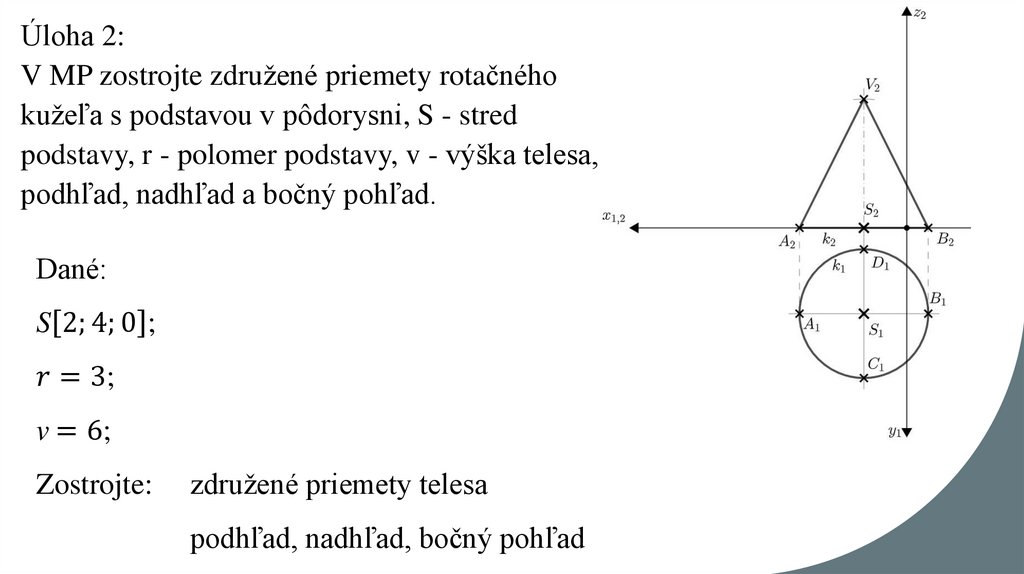 Úloha 2: V MP zostrojte združené priemety rotačného kužeľa s podstavou v pôdorysni, S - stred podstavy, r - polomer podstavy, v