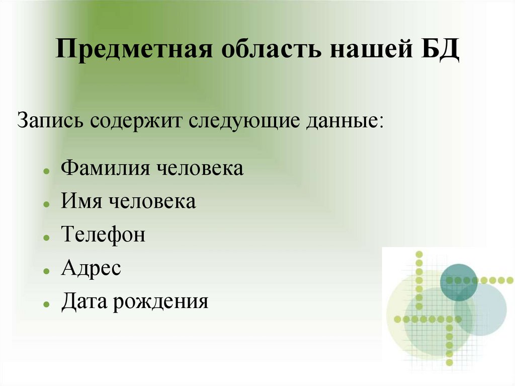 Предметная область нашей БД