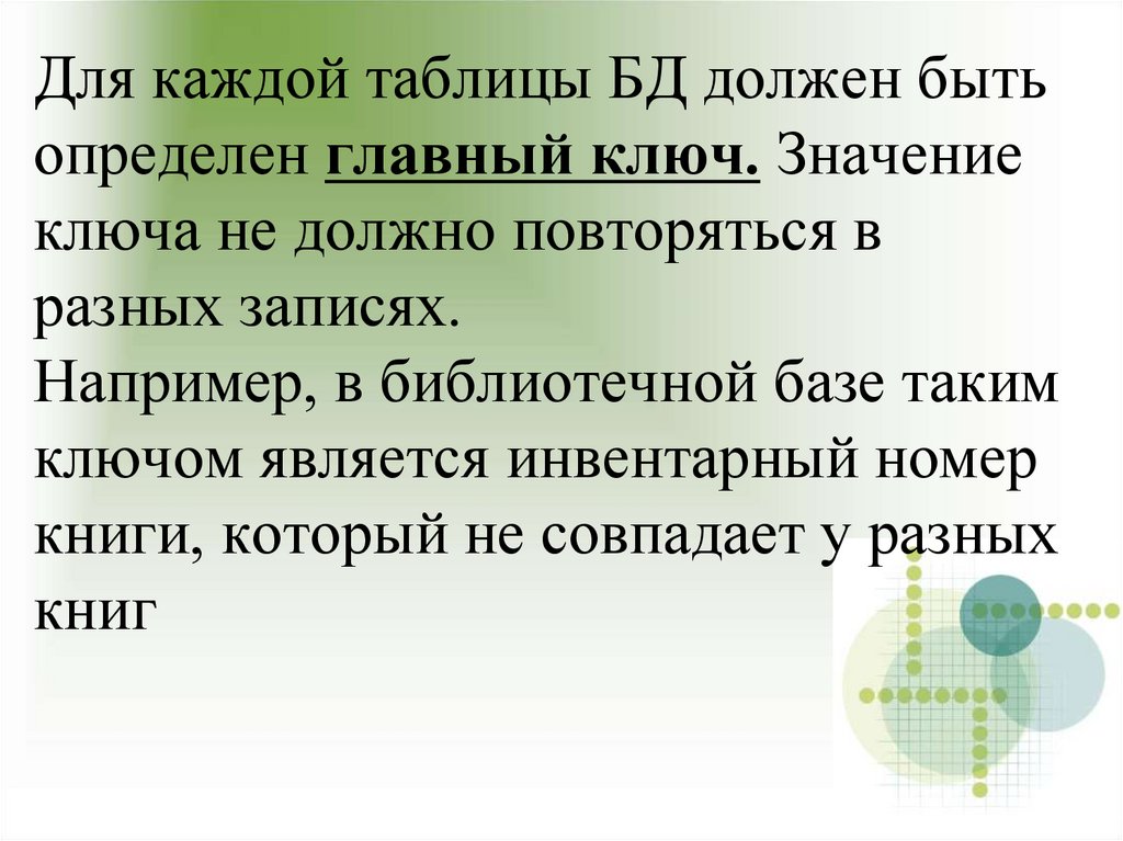 Для каждой таблицы БД должен быть определен главный ключ. Значение ключа не должно повторяться в разных записях. Например, в