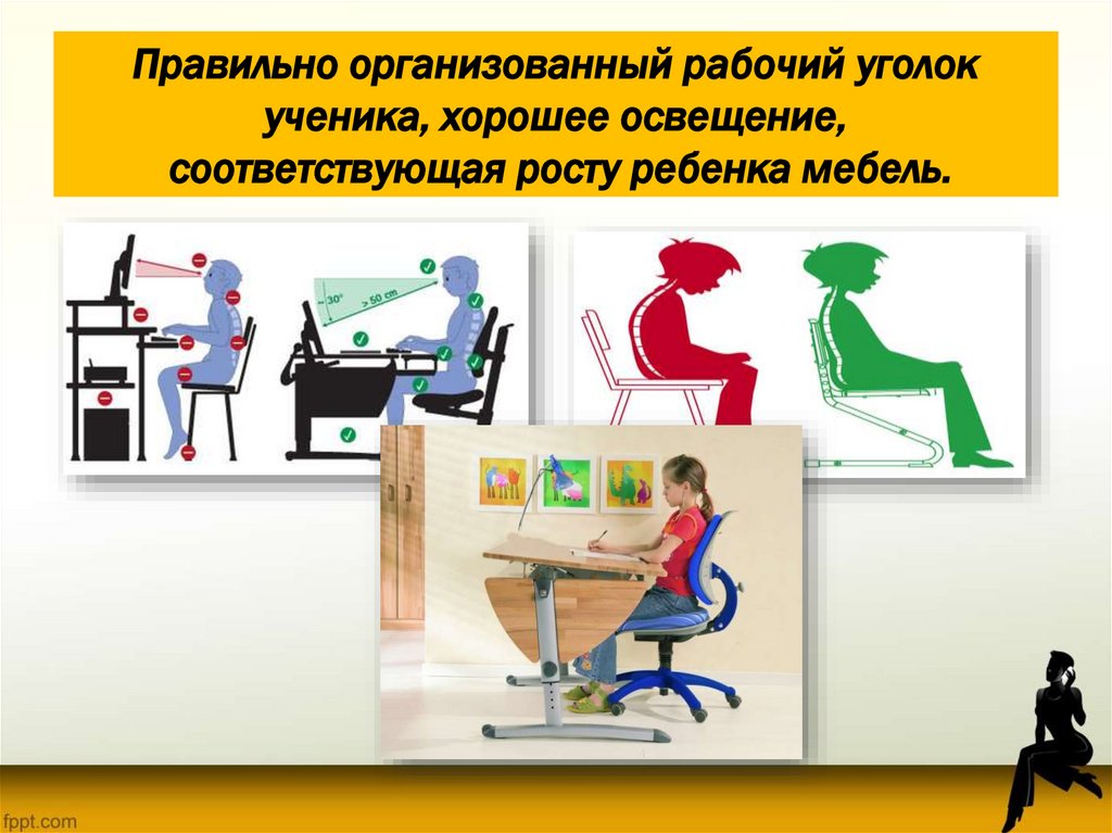Правильно организованный рабочий уголок ученика, хорошее освещение, соответствующая росту ребенка мебель.