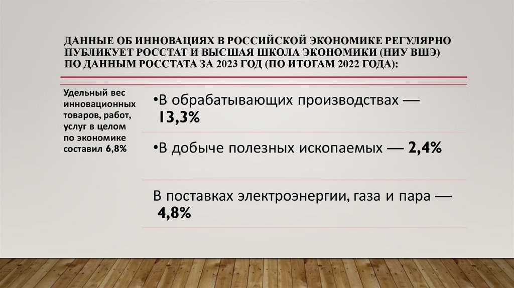 Данные об инновациях в Российской экономике регулярно публикует Росстат и Высшая школа экономики (НИУ ВШЭ) По данным Росстата