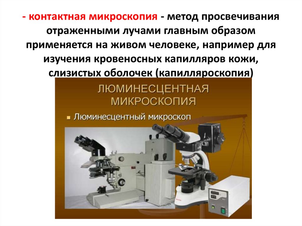 - контактная микроскопия - метод просвечивания отраженными лучами главным образом применяется на живом человеке, например для