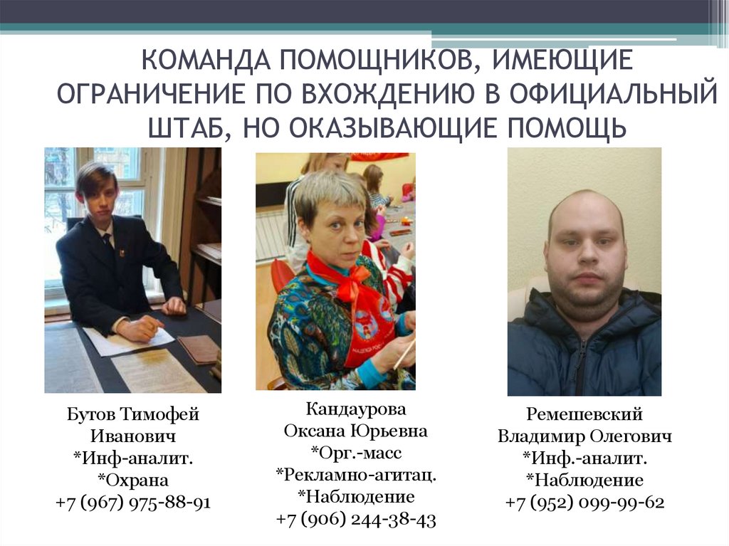 КОМАНДА ПОМОЩНИКОВ, ИМЕЮЩИЕ ОГРАНИЧЕНИЕ ПО ВХОЖДЕНИЮ В ОФИЦИАЛЬНЫЙ ШТАБ, НО ОКАЗЫВАЮЩИЕ ПОМОЩЬ