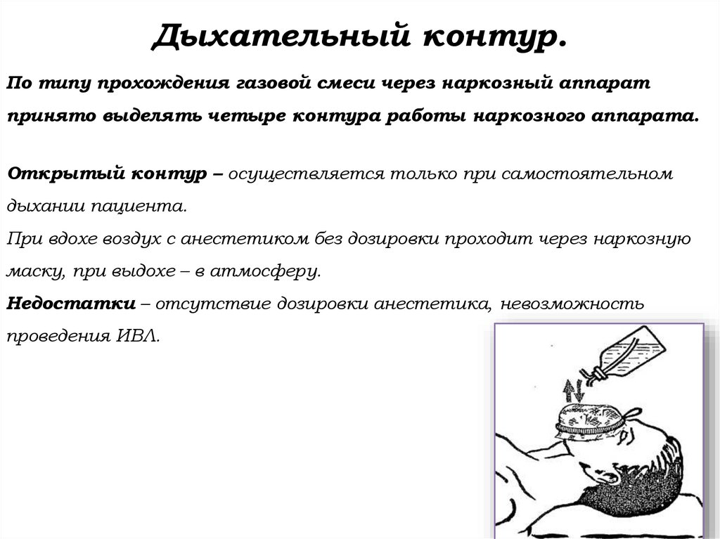 По типу прохождения газовой смеси через наркозный аппарат принято выделять четыре контура работы наркозного аппарата. Открытый