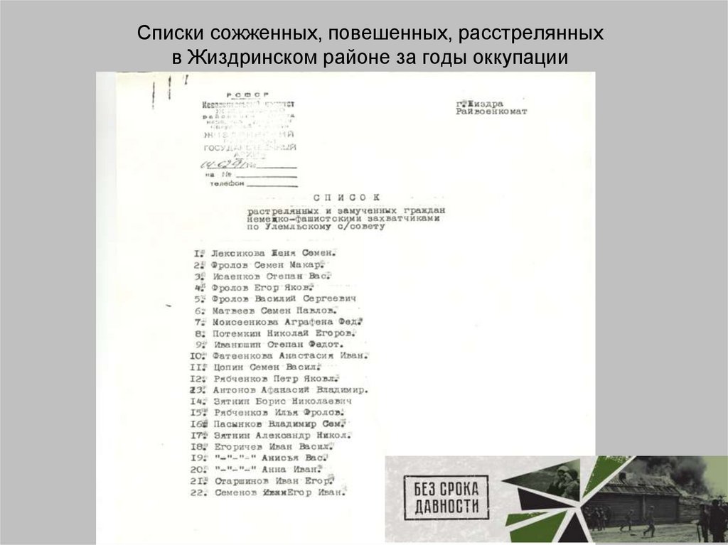 Списки сожженных, повешенных, расстрелянных в Жиздринском районе за годы оккупации