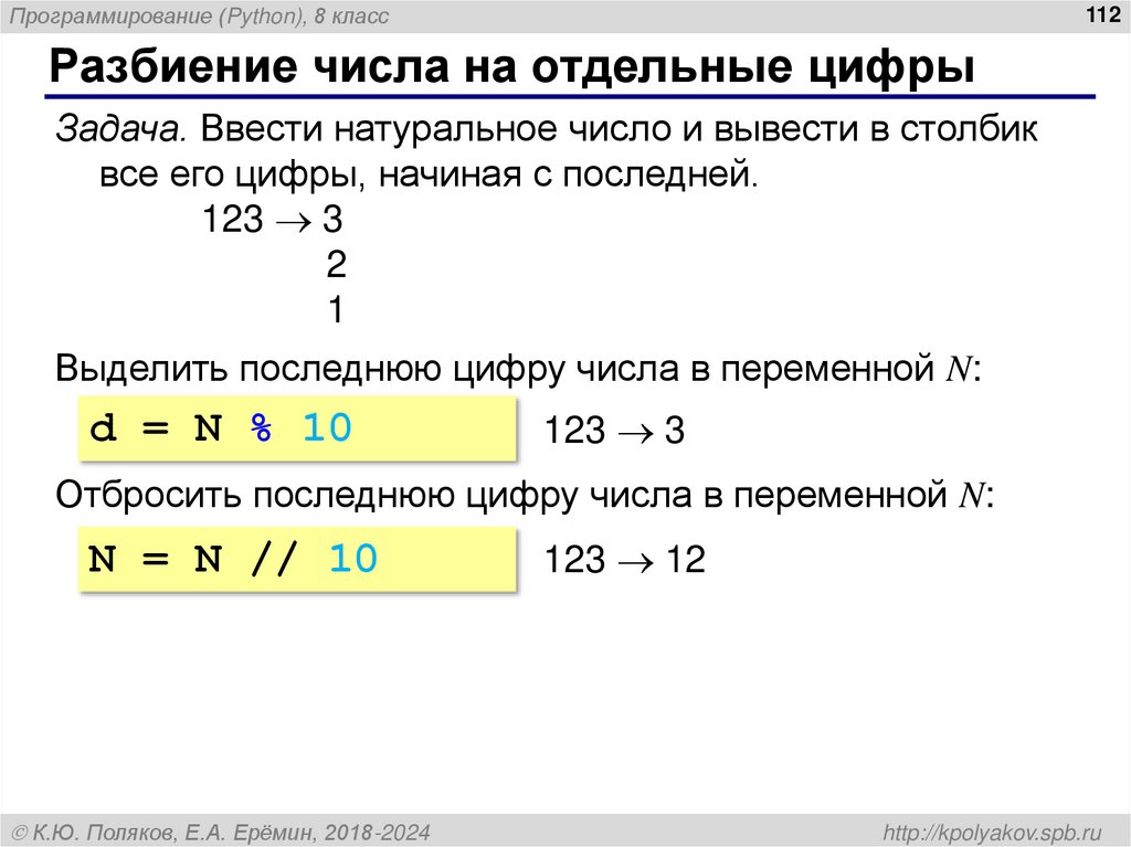 Разбиение числа на отдельные цифры