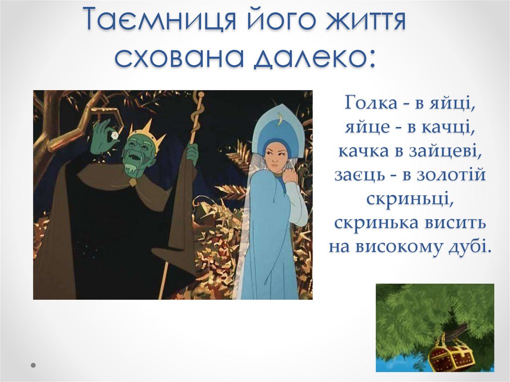 Голка - в яйці, яйце - в качці, качка в зайцеві, заєць - в золотій скриньці, скринька висить на високому дубі.