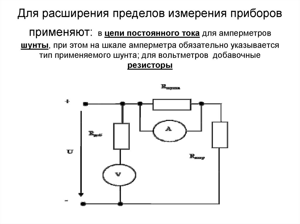 Для расширения пределов измерения приборов применяют: в цепи постоянного тока для амперметров шунты, при этом на шкале