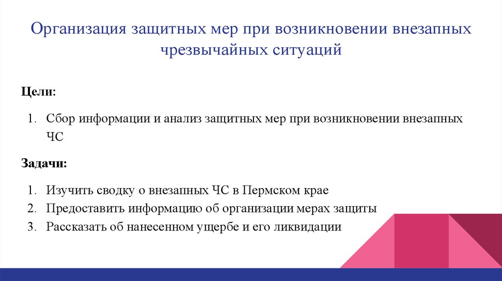 Организация защитных мер при возникновении внезапных чрезвычайных ситуаций