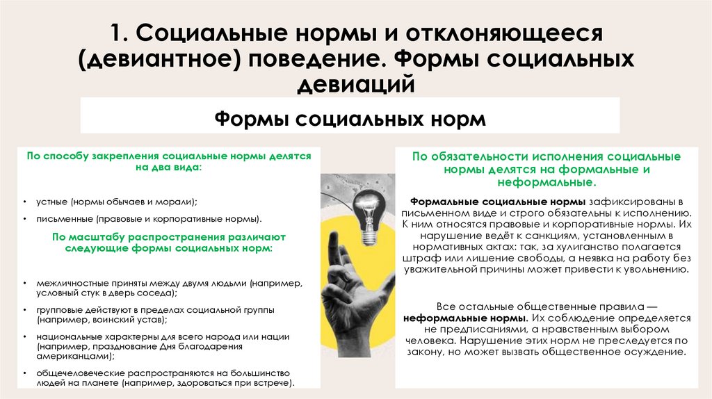 1. Социальные нормы и отклоняющееся (девиантное) поведение. Формы социальных девиаций