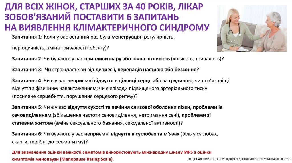ДЛЯ ВСІХ ЖІНОК, СТАРШИХ ЗА 40 РОКІВ, ЛІКАР ЗОБОВ’ЯЗАНИЙ ПОСТАВИТИ 6 ЗАПИТАНЬ НА ВИЯВЛЕННЯ КЛІМАКТЕРИЧНОГО СИНДРОМУ