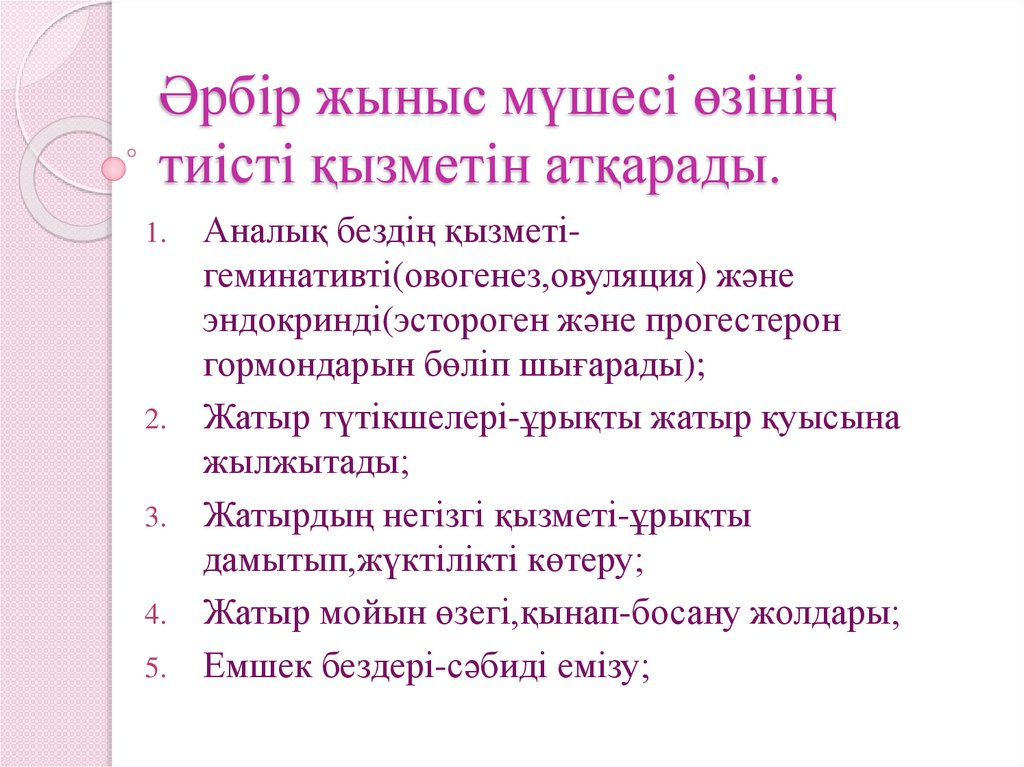 Әрбір жыныс мүшесі өзінің тиісті қызметін атқарады.