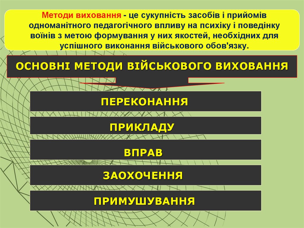 Методи виховання - це сукупність засобів і прийомів одноманітного педагогічного впливу на психіку і поведінку воїнів з метою