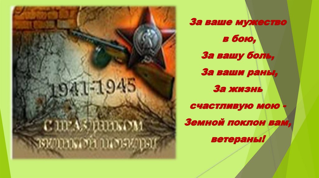 За ваше мужество в бою, За вашу боль, За ваши раны, За жизнь счастливую мою - Земной поклон вам, ветераны!