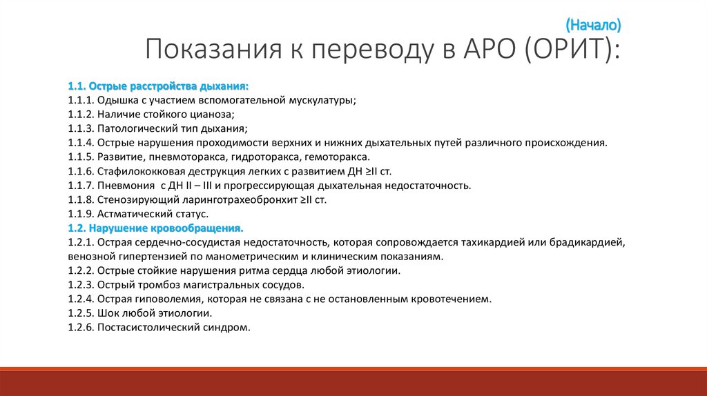 (Начало) Показания к переводу в АРО (ОРИТ):