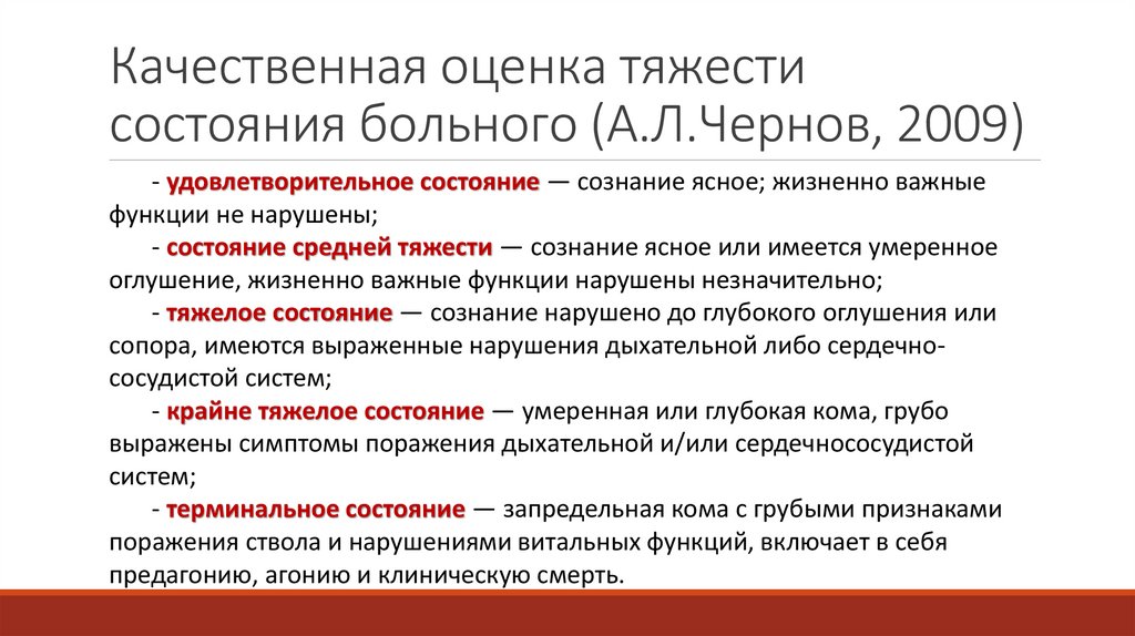 Качественная оценка тяжести состояния больного (А.Л.Чернов, 2009)