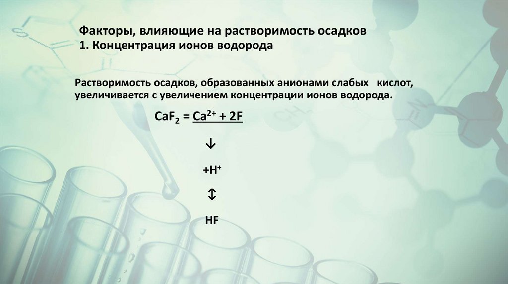 Факторы, влияющие на растворимость осадков 1. Концентрация ионов водорода