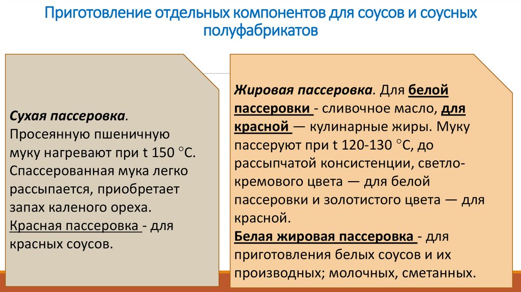Приготовление отдельных компонентов для соусов и соусных полуфабрикатов