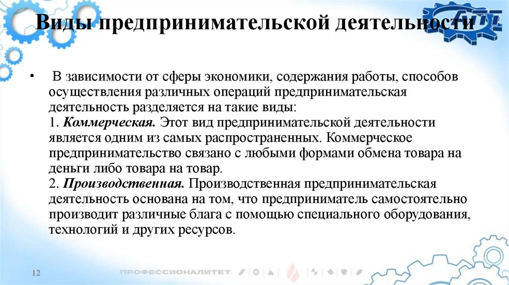 Виды предпринимательской деятельности