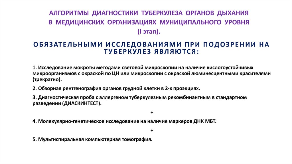 АЛГОРИТМЫ ДИАГНОСТИКИ ТУБЕРКУЛЕЗА ОРГАНОВ ДЫХАНИЯ В МЕДИЦИНСКИХ ОРГАНИЗАЦИЯХ МУНИЦИПАЛЬНОГО УРОВНЯ (I этап).