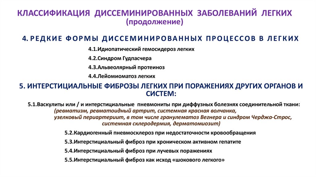 КЛАССИФИКАЦИЯ ДИССЕМИНИРОВАННЫХ ЗАБОЛЕВАНИЙ ЛЕГКИХ (продолжение)
