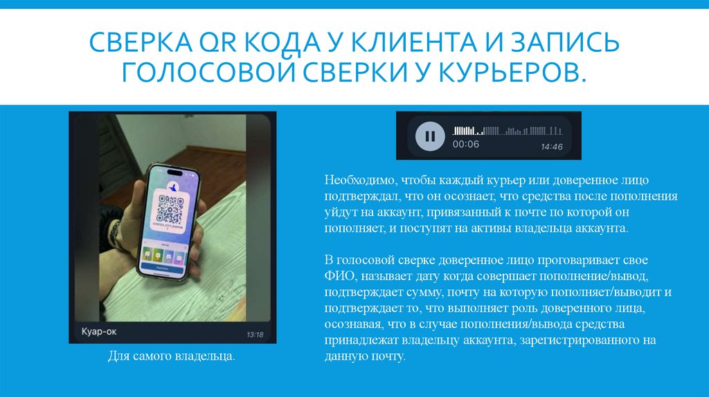 Сверка QR кода у клиента и запись голосовой сверки у курьеров.