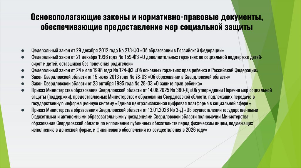 Основополагающие законы и нормативно-правовые документы, обеспечивающие предоставление мер социальной защиты