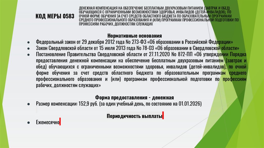 Денежная компенсация на обеспечение бесплатным двухразовым питанием (завтрак и обед) обучающихся с ограниченными возможностями