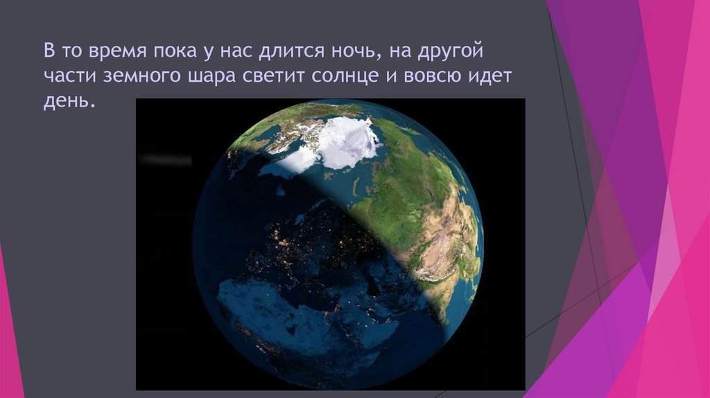 В то время пока у нас длится ночь, на другой части земного шара светит солнце и вовсю идет день.