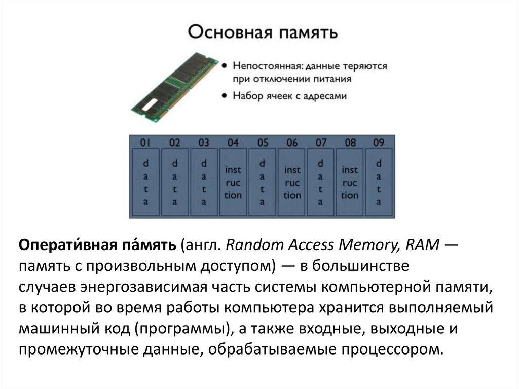 Операти́вная па́мять (англ. Random Access Memory, RAM — память с произвольным доступом) — в большинстве