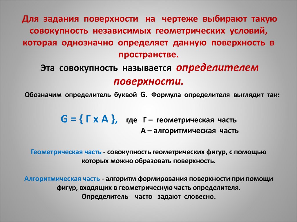 Для задания поверхности на чертеже выбирают такую совокупность независимых геометрических условий, которая однозначно