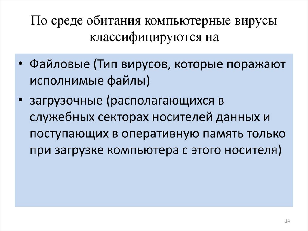 По среде обитания компьютерные вирусы классифицируются на